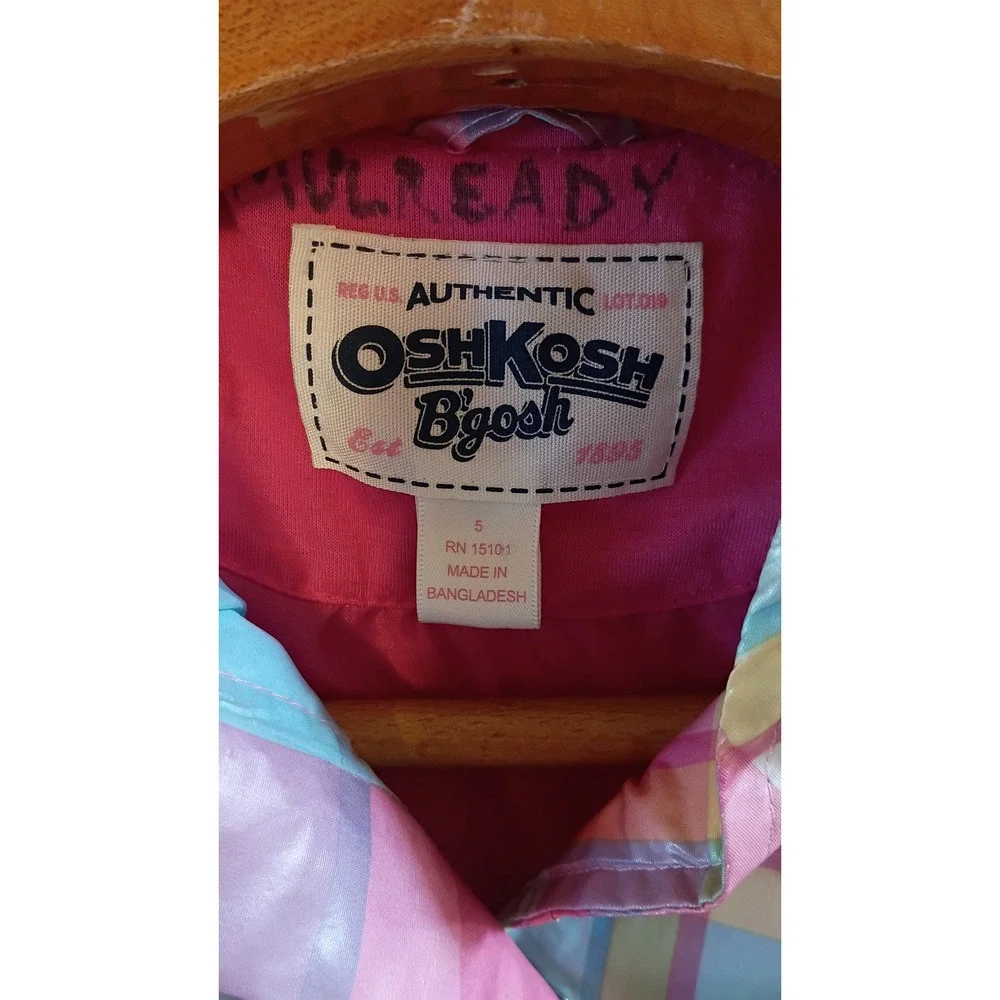 OshKosh Bgosh Girls Pastel Plaid Hooded Raincoat Retro Preppy Style Size 5